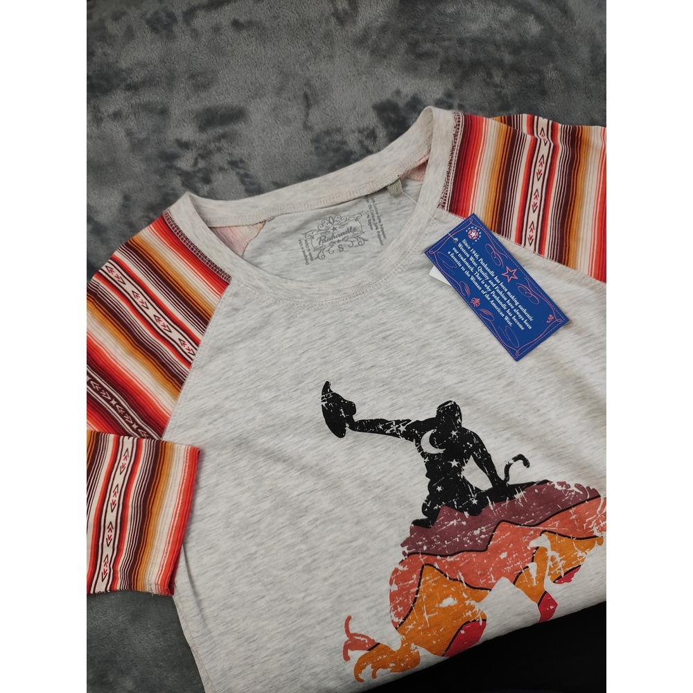 Panhandle Womens T‎ Shirt Rodeo Rider Southwestern Print Western 3/4 Sleeve S